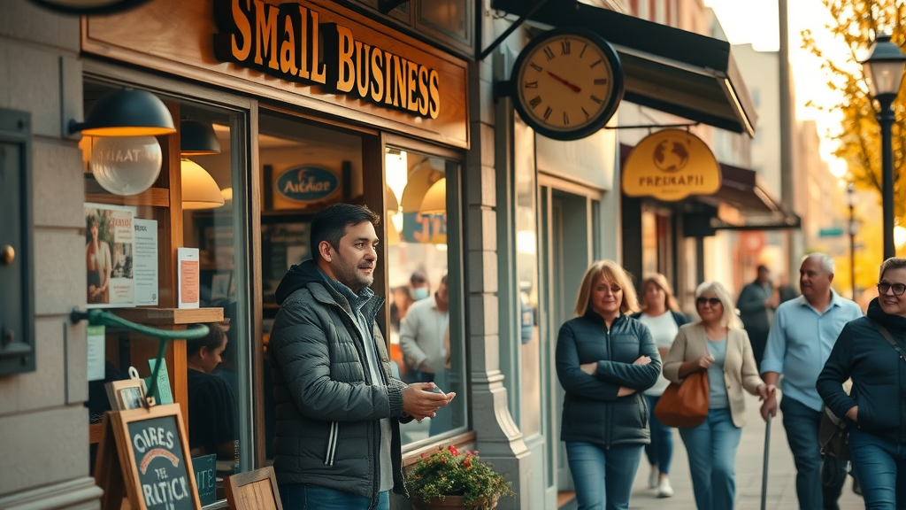 Local business owner optimizing Google My Business and engaging customers, driving local organic search.