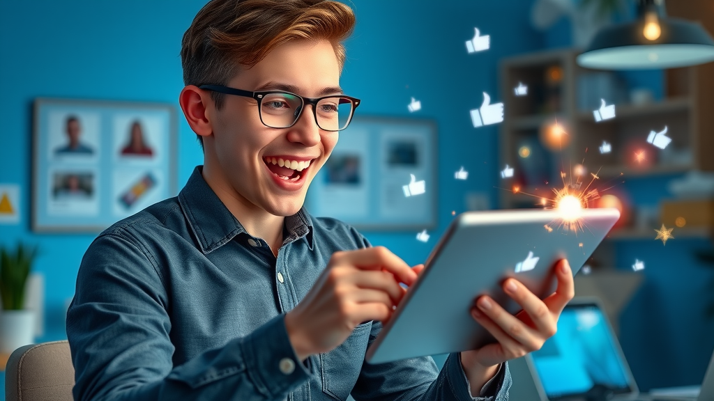 Entrepreneur reviewing visually engaging facebook media posts and visual content on tablet displaying shares and likes
