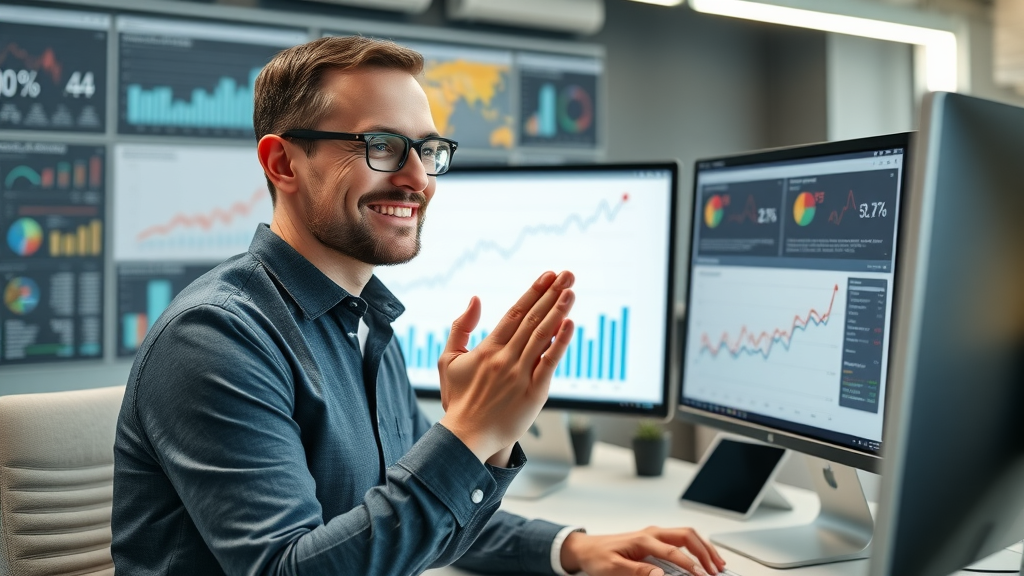 marketing analyst celebrating high facebook ad conversion rates on analytics dashboard