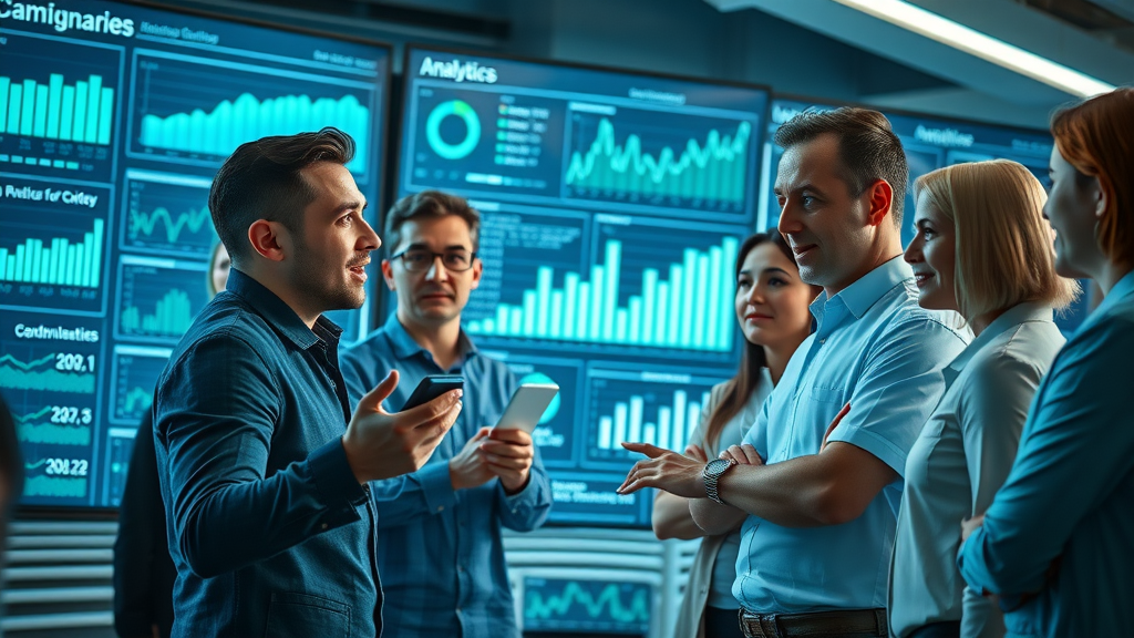 analysts reviewing campaign KPIs, YouTube influencer marketing, discussion with performance charts, holographic dashboards