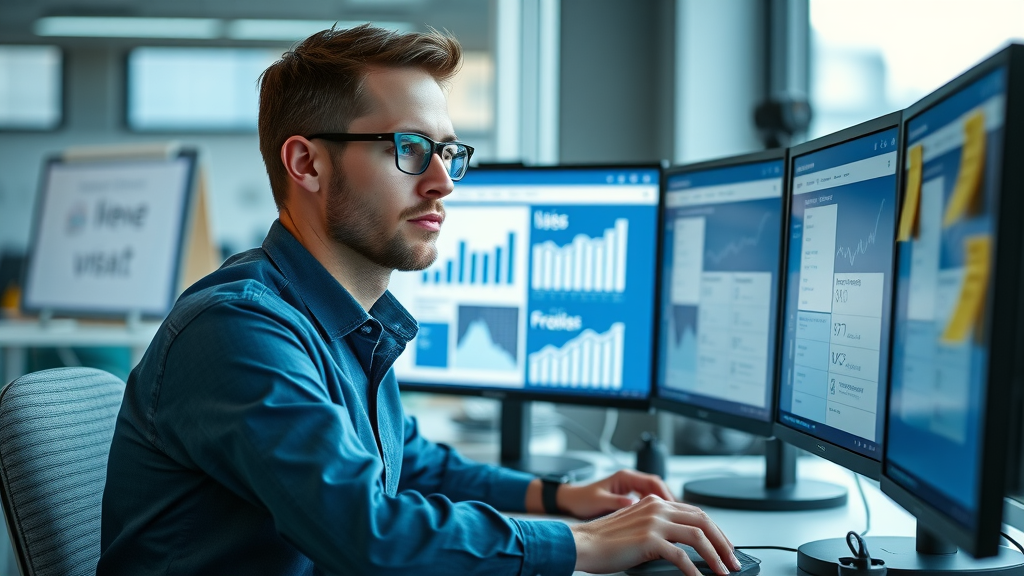 digital marketer analyzing Facebook ad metrics on dual monitors modern office high-res