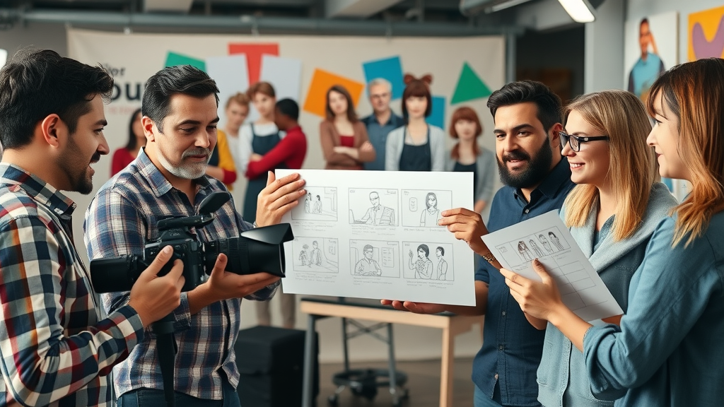creative youtube video ad team collaborating storyboard sketches in studio