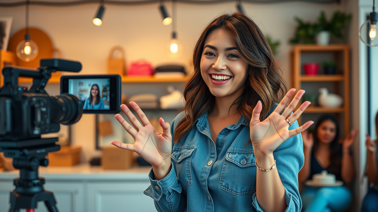 Business owner excitedly broadcasting a Facebook Live session for advanced facebook marketing