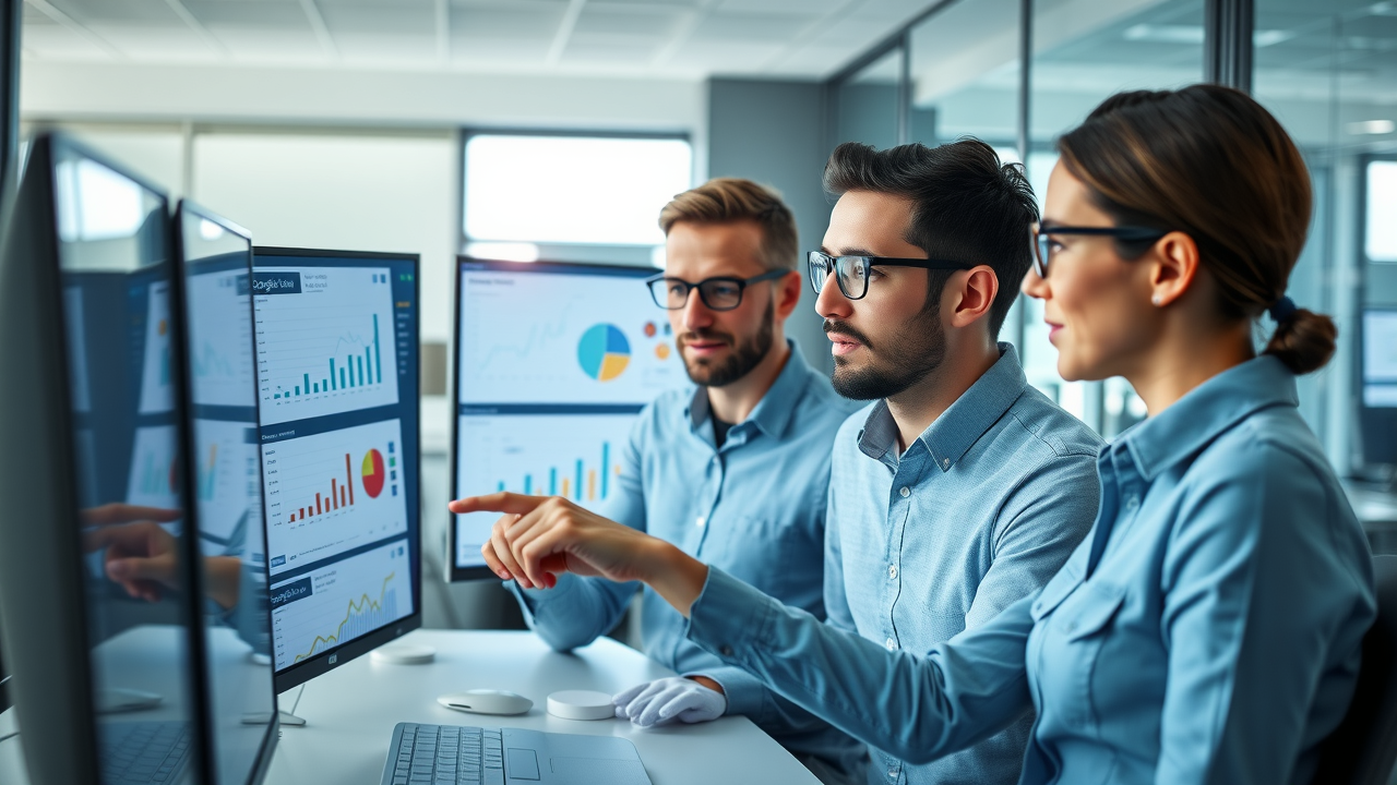 Advertising ROI Measurement - modern business analysts reviewing marketing data dashboards in a contemporary office