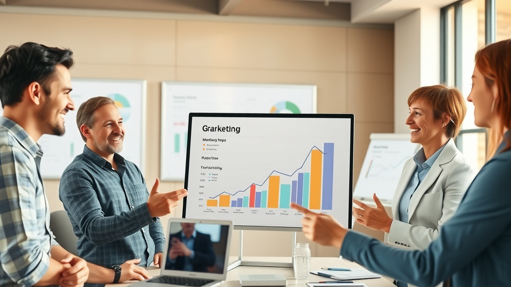 marketing team using predictive analytics for growth, reviewing conversion rate on analytics dashboard