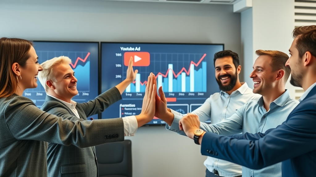 business team celebrating youtube ad campaign results high-fives wall display of positive analytics