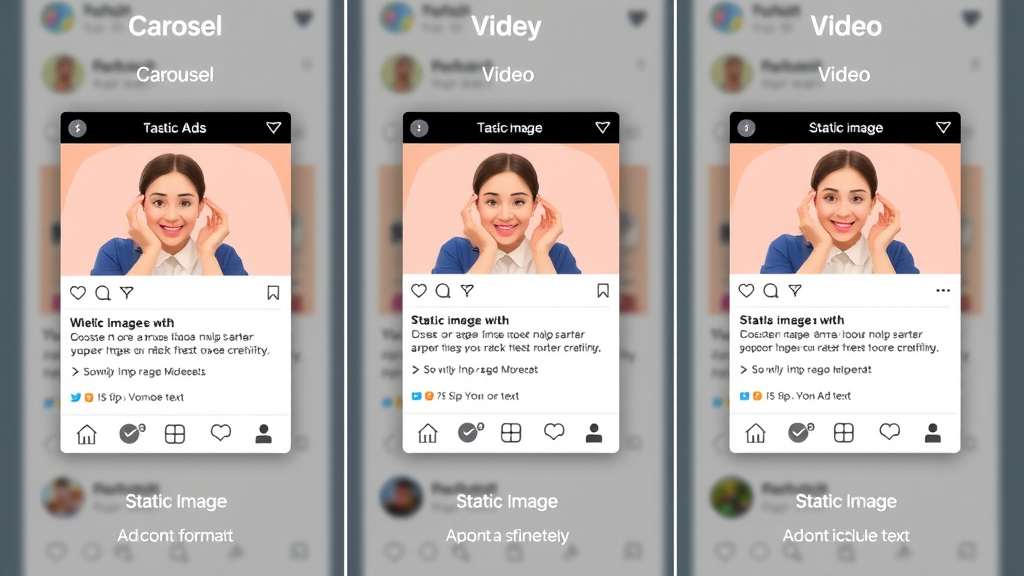 Visual comparison of carousel, video, and static image ad formats used in paid social advertising