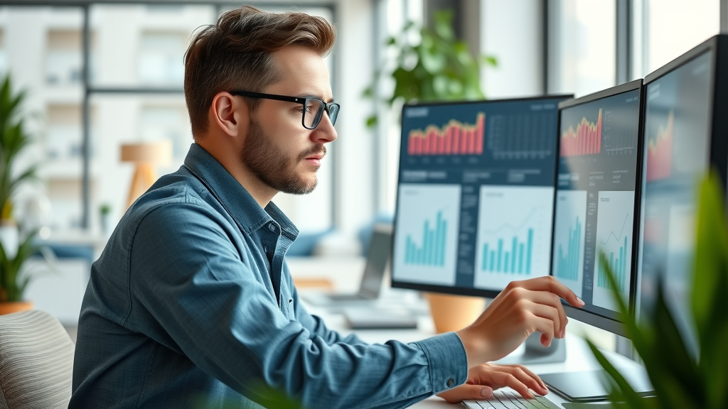 SEO content optimization workspace digital marketer analyzing SEO analytics on dual monitors