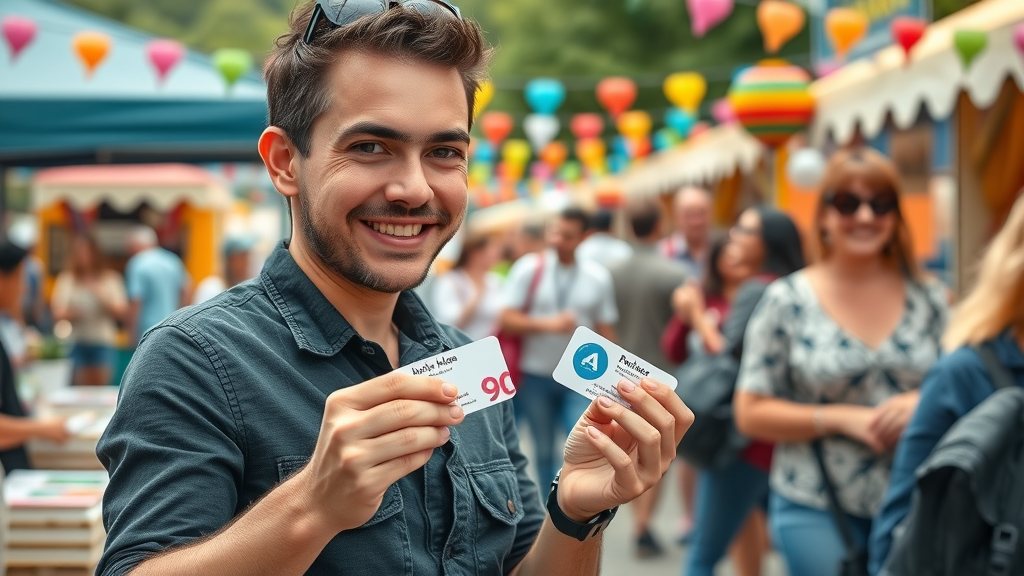 Budget marketing idea: small business owner distributing creative business card at community event