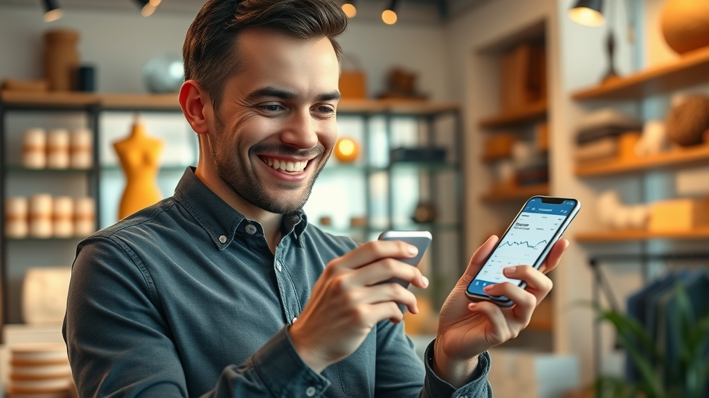 Entrepreneur checking increased sales data on smartphone after Facebook campaign, boutique environment, products displayed