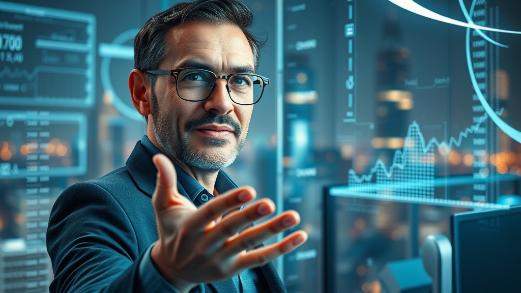 Visionary marketer envisioning future AI technology in marketing workspace