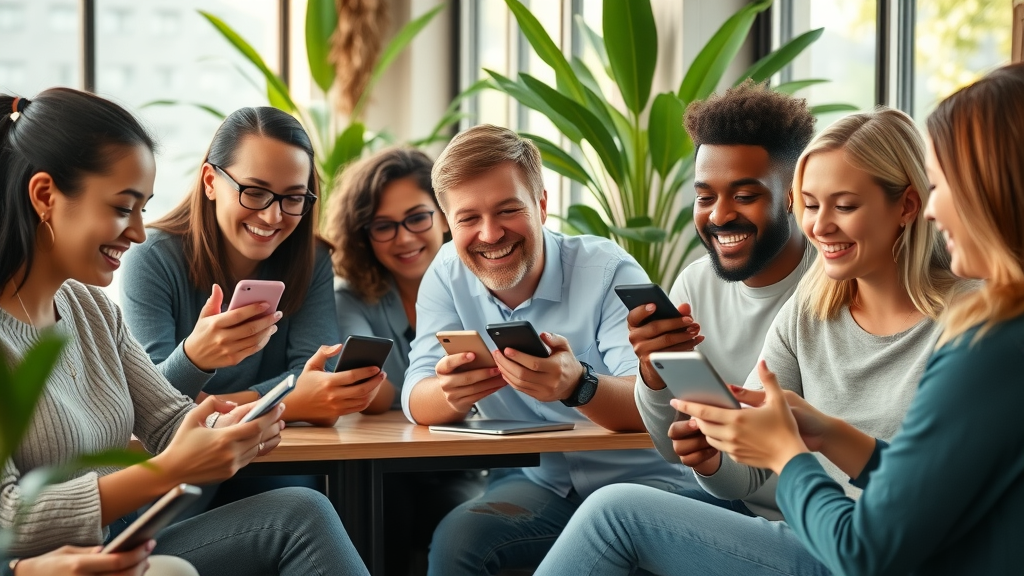 vibrant group actively using social media for facebook engagement techniques in a modern cozy café