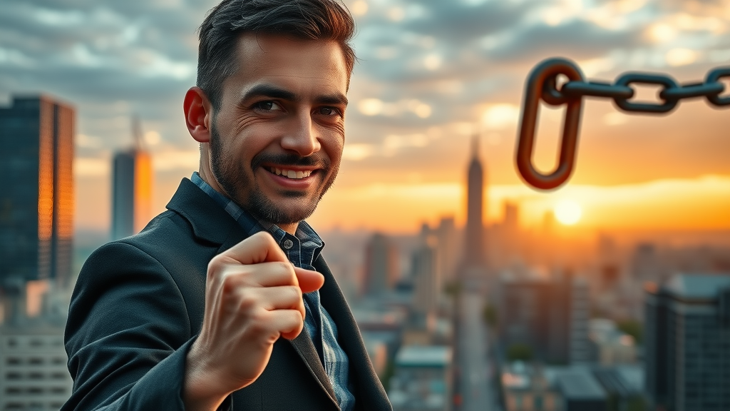 content marketing for small businesses: Resilient small business owner overcoming obstacles with digital hurdles and cityscape at sunrise