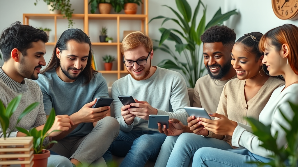 Diverse group of small business owners interacting with chatbots for marketing, comparing real-time results on multiple devices, cozy workspace