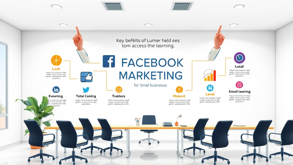 infographic of key benefits of facebook marketing for small business, icons for ads, optimization, growth