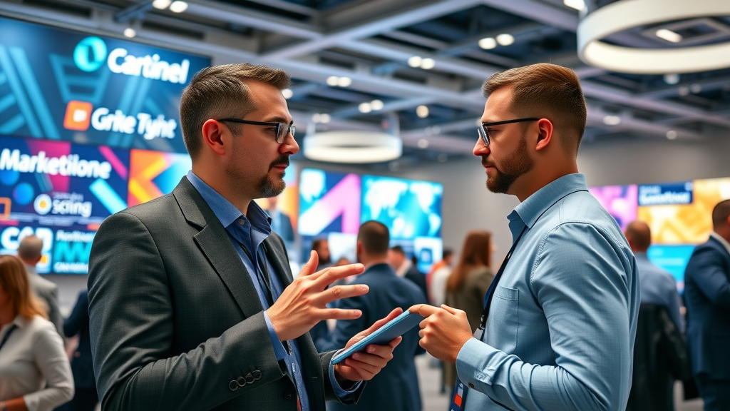 digital marketing trends conference with professional marketers networking and global branding on digital screens