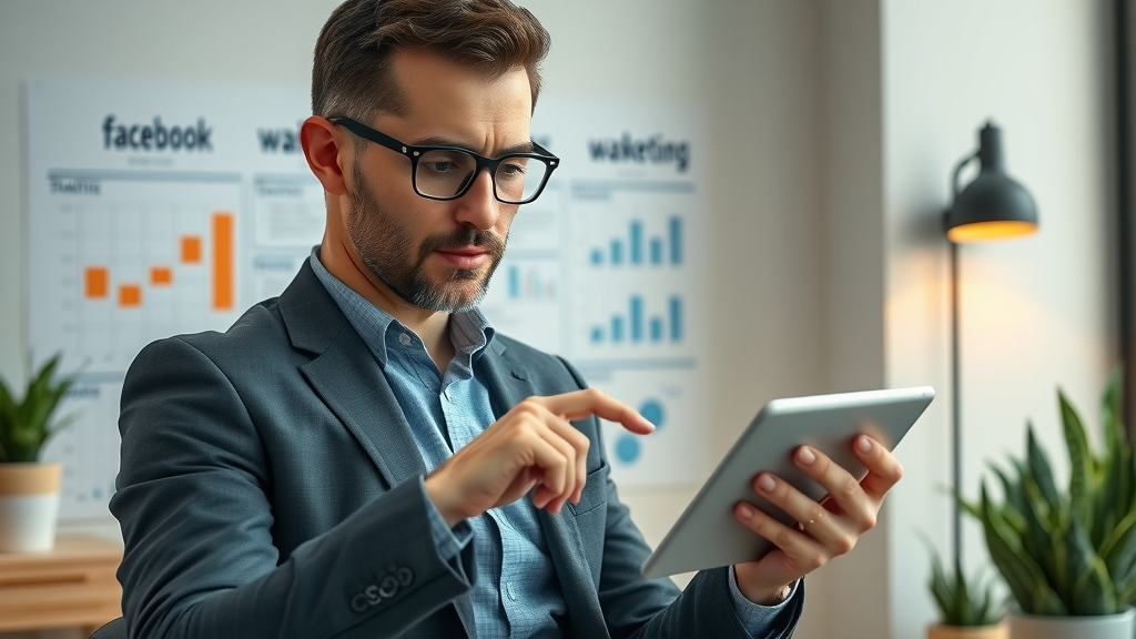 Business owner reviewing Facebook marketing strategies on a tablet, minimal modern workspace, strategy charts, warm lighting
