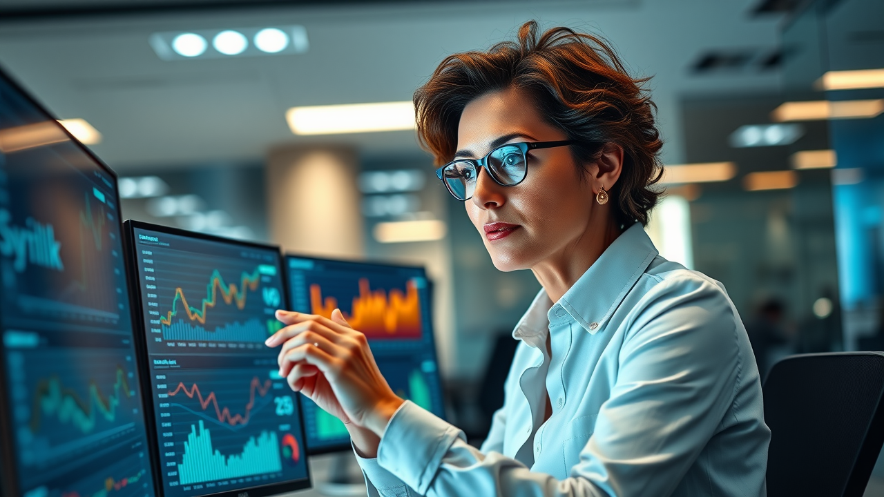 Digital marketer analyzing keyword research tools data on dual monitors in a modern SEO office