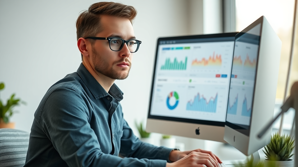digital marketing manager setting influencer marketing campaign goals in bright workspace with analytics dashboard