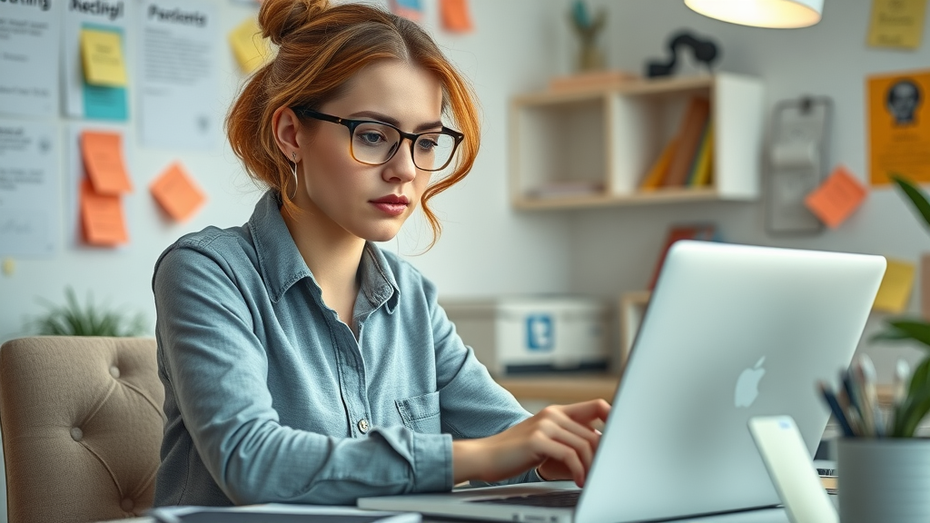 Small business owner reviewing and correcting Facebook posting mistakes on laptop, workspace with sticky notes and reminders