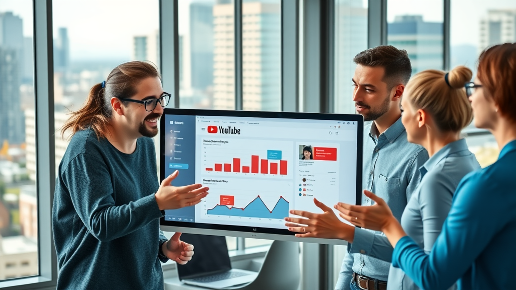 social media marketing with youtube team collaborating over YouTube analytics dashboard