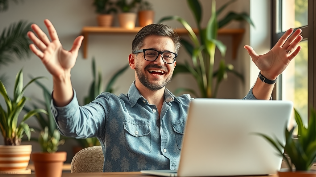 business owner celebrating successful $5 a day facebook ad campaign on laptop