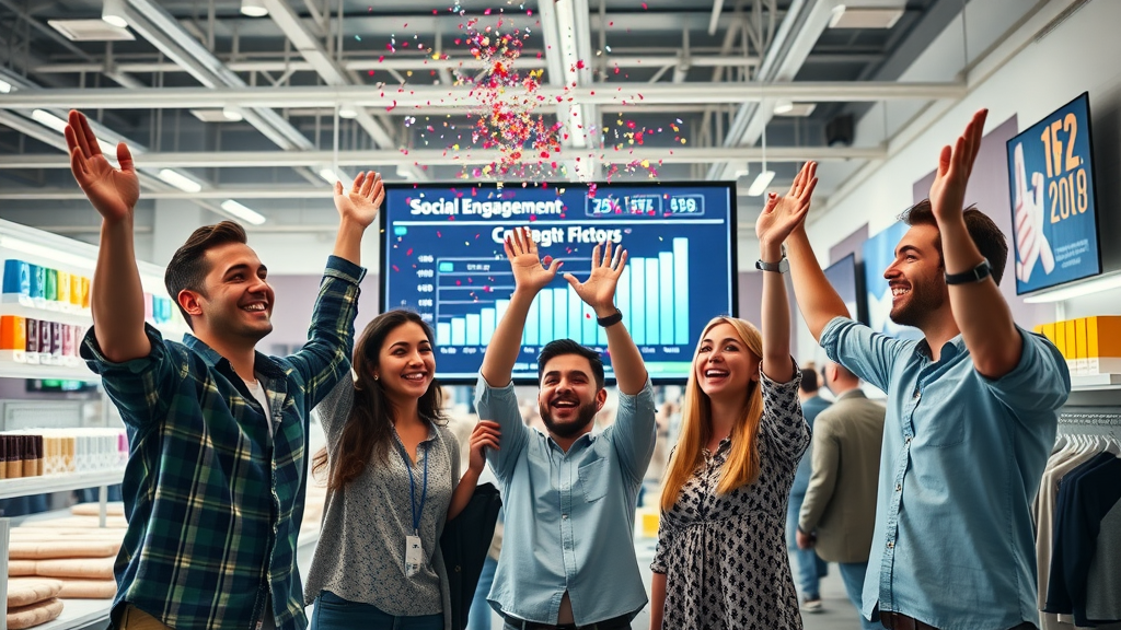 Retail marketing team celebrating increased social media engagement using AI tools