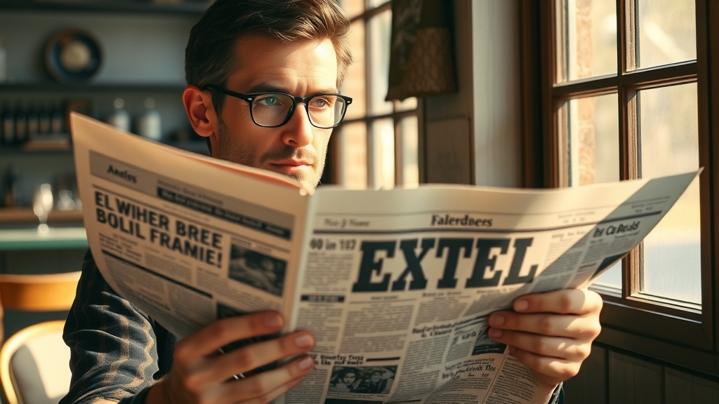 advertising guide for small business - person reading a small business print ad in a vintage newspaper with coffee in a rustic café with sunlight