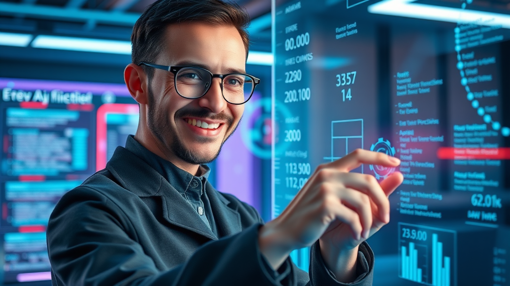 AI researcher interacting with futuristic keyword research tool for next-generation SEO strategy