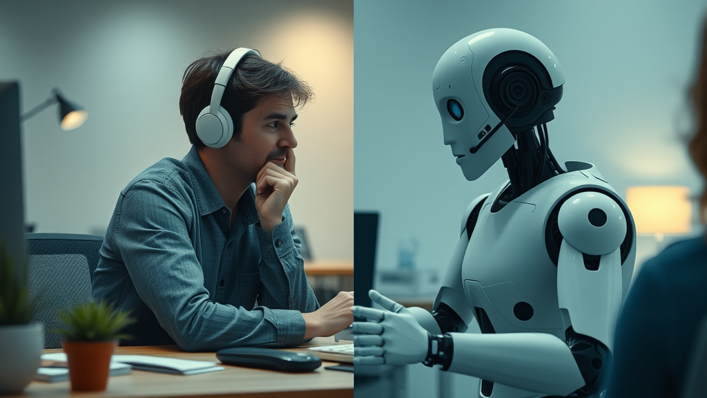 Split-screen showing human agent balancing empathetic support with chatbot automation for small business marketing, subtle tech and natural decor, balance