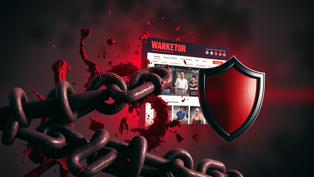 Dark illustration of crumbling toxic links with vigilant marketer protecting a website from dangerous SEO risks