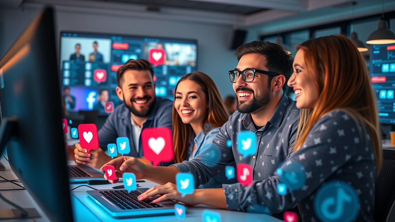 Vibrant social media marketing scene with creators using ai-powered content creation tools