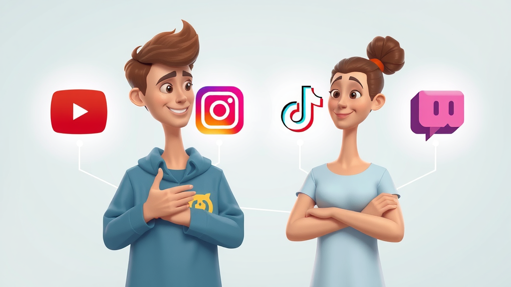 graphic comparing influencer marketing platforms: youtube, instagram, tiktok, twitch, network chart and icons