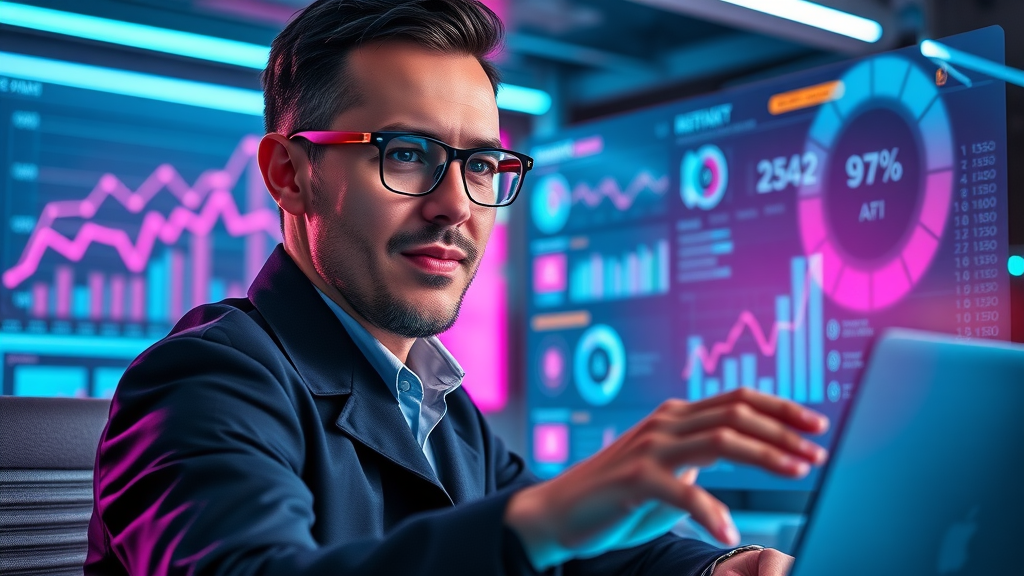 Digital marketer using AI-powered futuristic tools and dashboards for innovative digital marketing tips