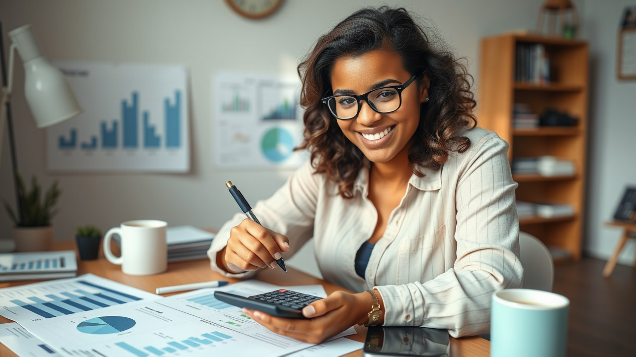 Business owner planning Facebook ad budget with spreadsheets and calculator, focusing on facebook ad spend and ROI