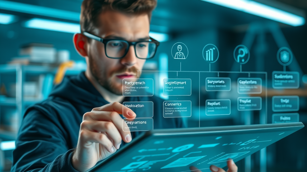 Systematic researcher using digital tools to follow keyword research process for SEO