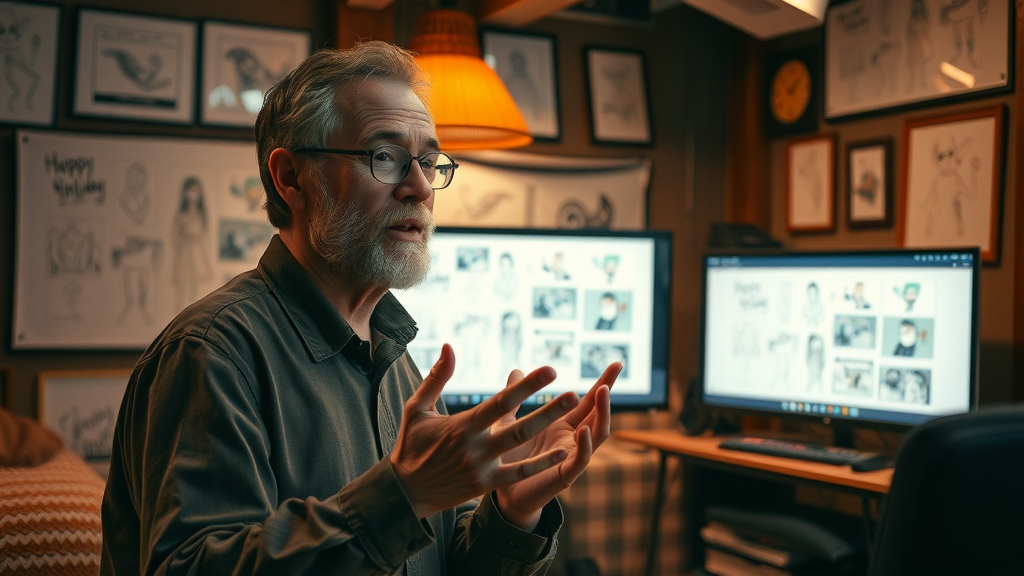video engagement techniques - inspired storyteller narrating animated video sequence