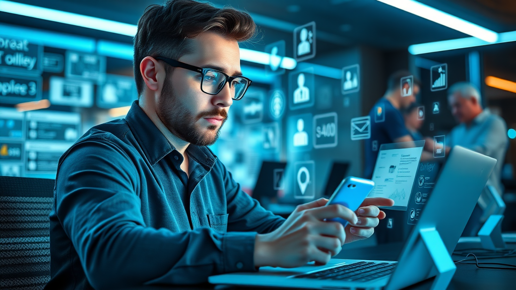 content marketing tools: Efficient digital marketer multitasking with various content marketing tools open on laptop and smartphone in a high-tech workspace