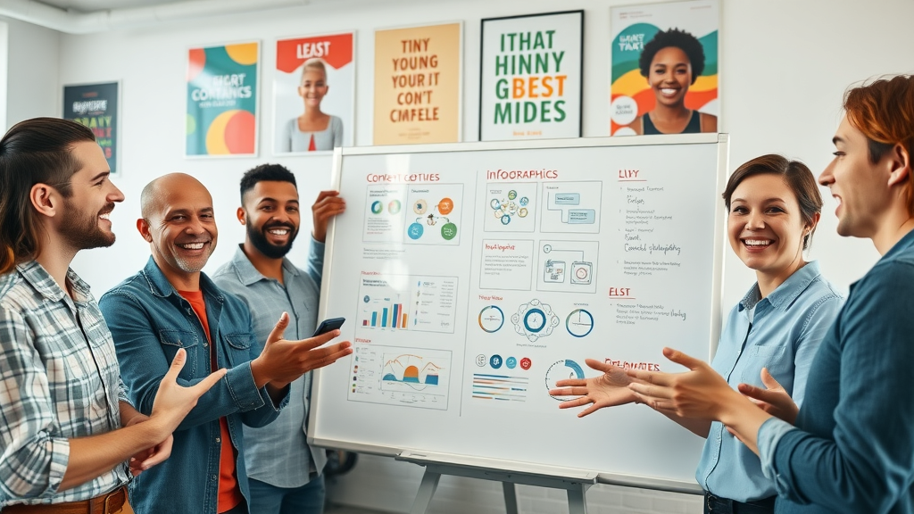 content creation: Creative content team brainstorming and sketching infographics on a whiteboard in a modern office