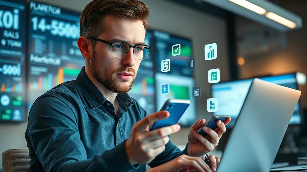 Marketing ROI Tools - tech-savvy marketer testing ROI platforms on laptop and phone in a digital office