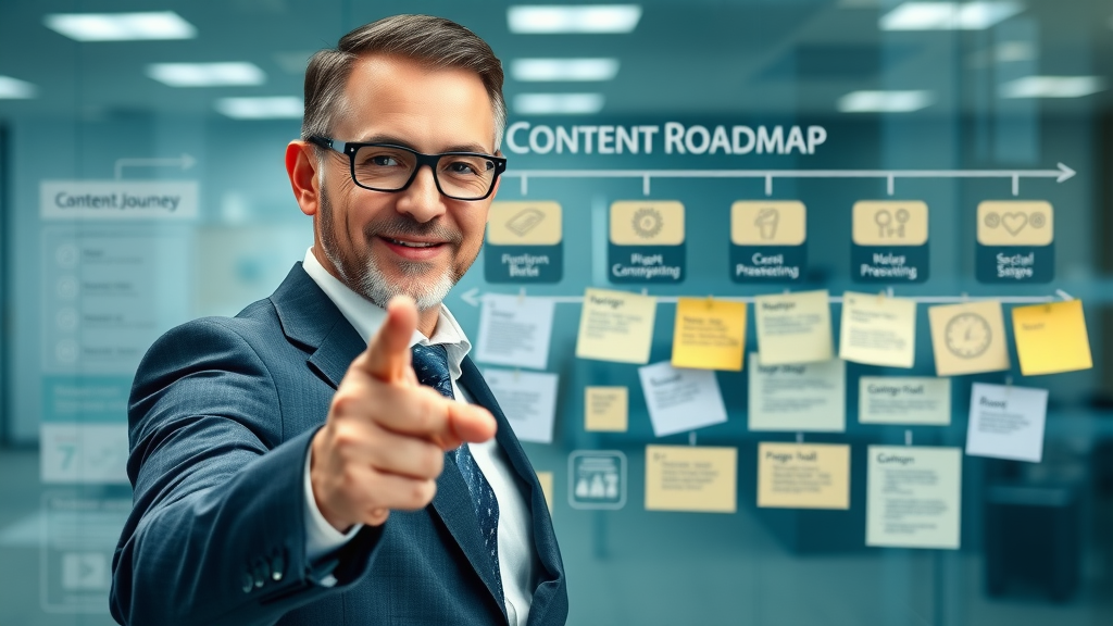 Content Marketing Strategy Roadmap - Business Leader Presenting a Content Journey Flowchart