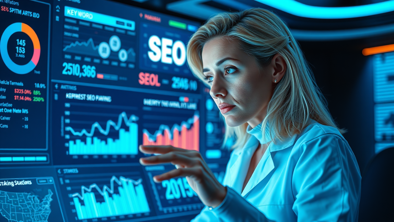 Futuristic dashboard UI showing SEO metrics, graphs, and actionable data for measuring off-page SEO effectiveness