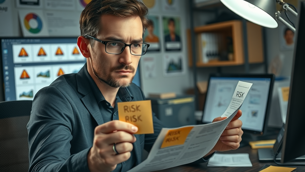 analytical marketer reviewing risks in youtube influencer campaign, detailed workspace, post-it risk notes