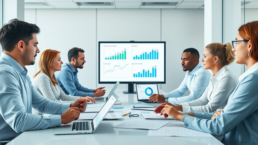 Professional team analyzing chatbot platform options in a bright conference room, reviewing checklists, digital screens. Small business marketing team