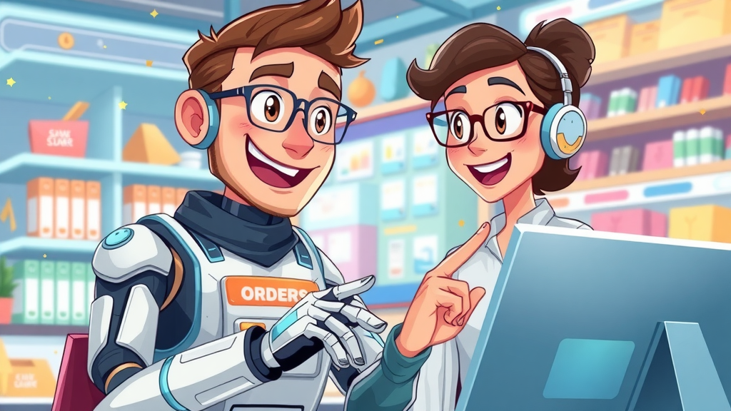Lively e-commerce shop owner watching chatbot process orders and messages in real-time, digital storefront, chatbot for small business marketing