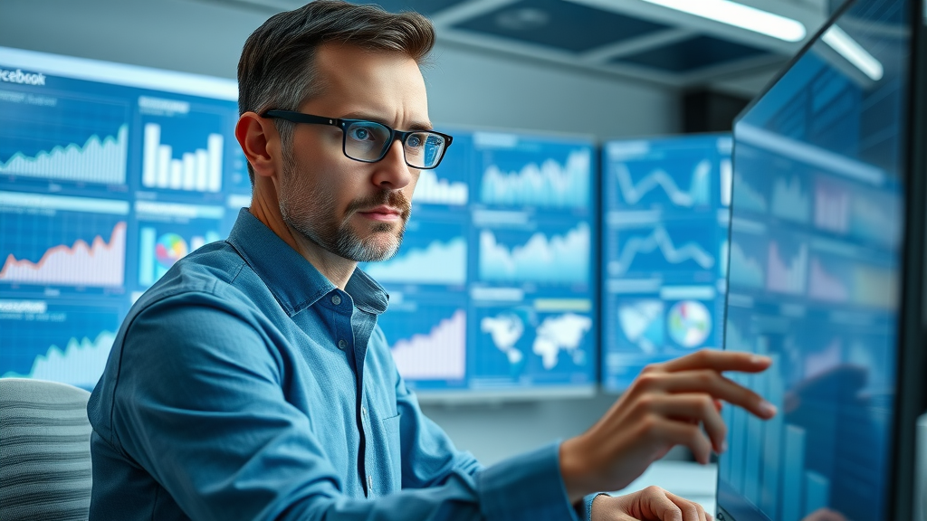 Analyst reviewing Facebook analytics dashboard with complex graphs, modern office, large screens, blue and white color scheme