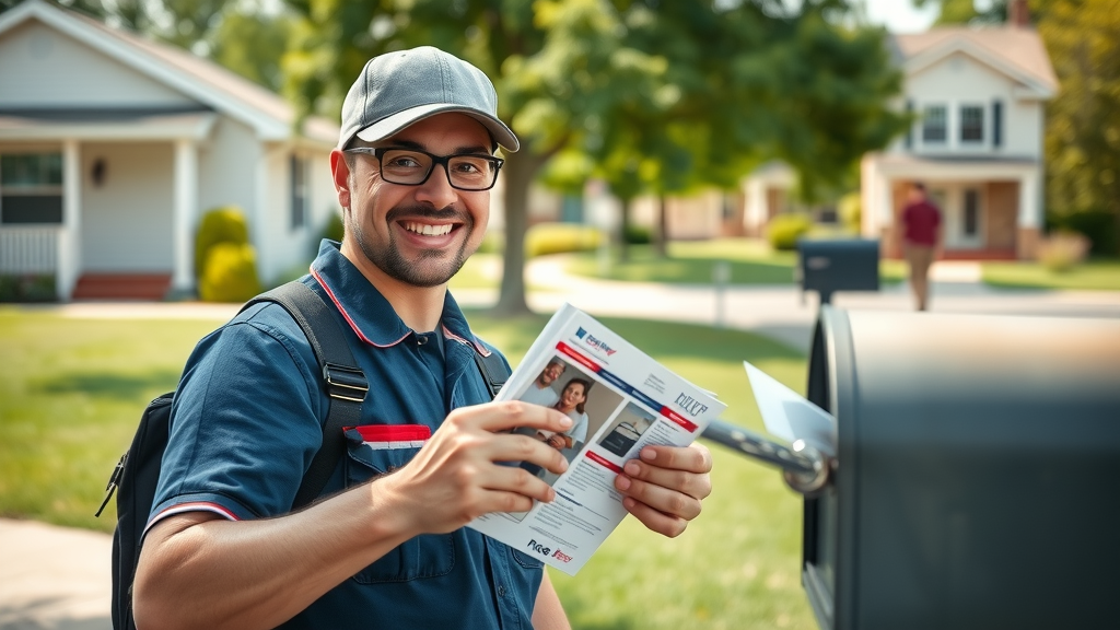 advertising guide for small business - friendly postal worker delivering branded mail flyers to a residential doorstep with green lawns and homes in sunlight