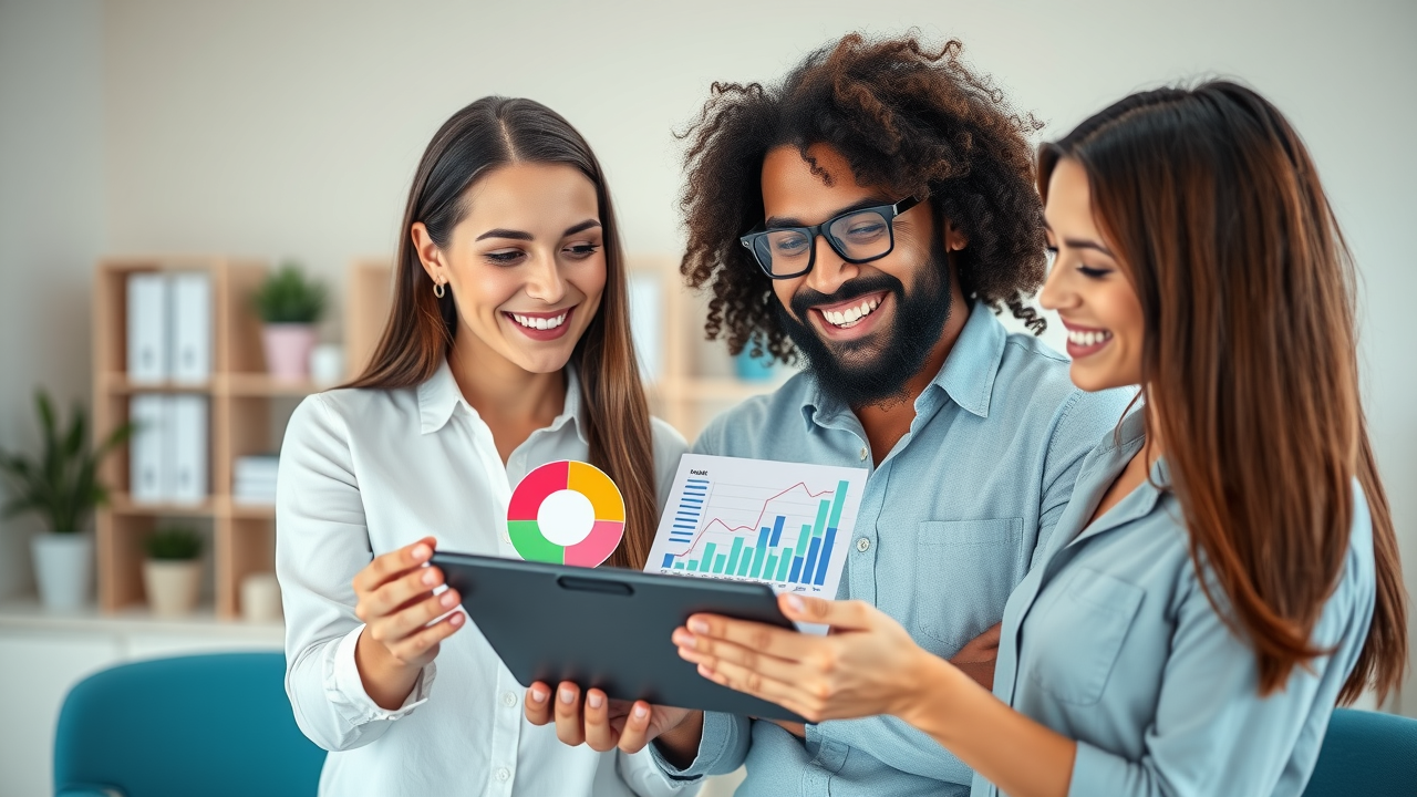 advertising guide for small business with business owners reviewing marketing stats on a dynamic infographic, animated pie charts and graphs in a colorful office setting