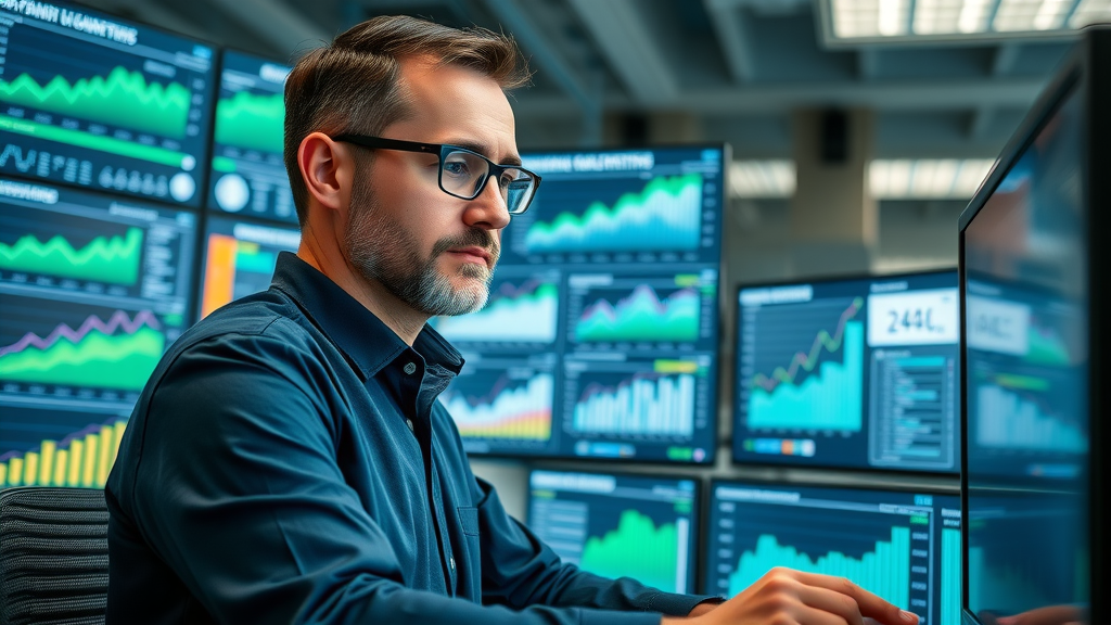 digital marketing trend performance analytics with multiple screens and upward trending data