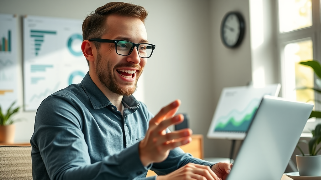 Thrilled business owner reviewing website traffic spike on digital charts - link building and content marketing results